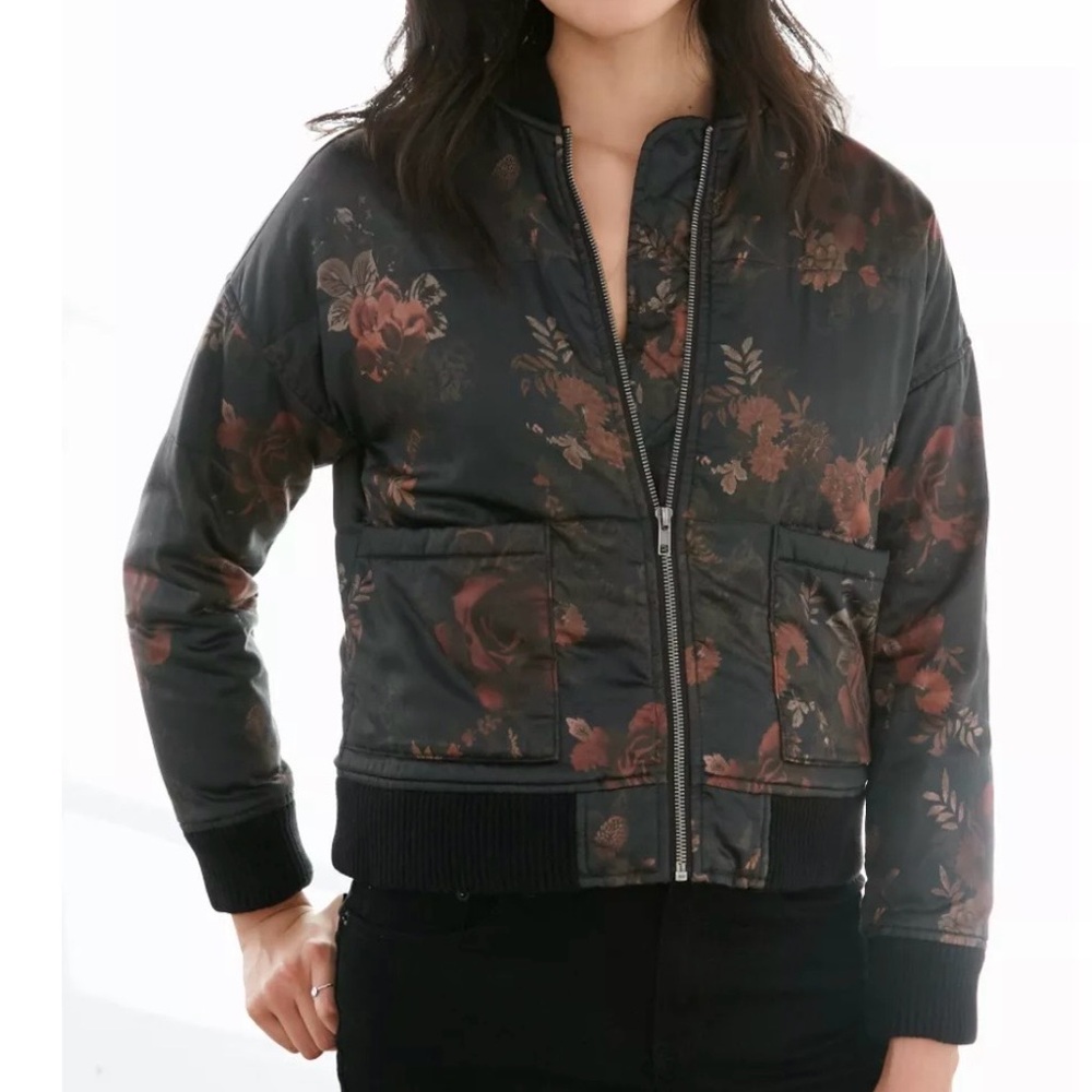 silence + noise Navy Satin Floral Bomber Jacket